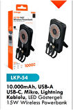 10000 mAh, USB A, dahili typC, mikro lightining kablosu, 15 W ve LCD ekran 