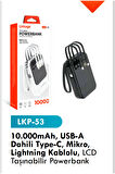10000 mAh, USB A, dahili typC, mikro lightining kablosu ve LCD ekran 