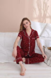 Kadın Bordo Yapraklı Düğmeli 2'Li Kısa Kol Pijama Takımı