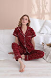 Kadın Bordo Yapraklı Düğmeli 2'Li Kısa Kol Pijama Takımı
