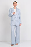 Ayhan Kadın Çizgili Düğmeli Keten Ceket 0860 Mavi