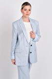 Ayhan Kadın Çizgili Düğmeli Keten Ceket 0860 Mavi