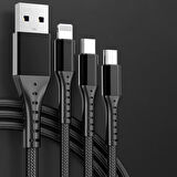 Ayt Powermaster 3 İn 1 Siyah 1.2 Metre Type-c Micro Lightning İphone Şarj Data Kablosu