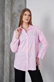 Kadın Pembe Oversize Uzun Keten Gömlek