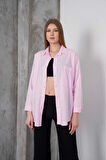 Kadın Pembe Oversize Uzun Keten Gömlek