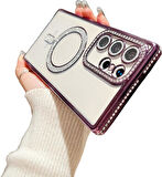 Samsung Galaxy S23 Ultra Kılıf Simli Magsafe Kamera Kenar Taşlı Kapak