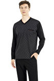 Pierre Cardin %100 Pamuk V Yaka Erkek Pijama Takım, Jakarlı, Uzunkollu, Kutulu