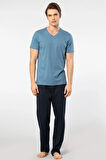 Cacharel V Yaka T-shirt ve Cepli Pijama Takım, %50 Pamuk %50 Modal