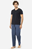 Cacharel V Yaka Kısa Kol T-shirt ve Cepli Ekoseli Alt Pijama Takım
