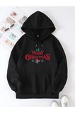 Yılbaşı Merry Christmas Baskılı Oversize Kapüşonlu Sweatshirt Hoodie - Siyah