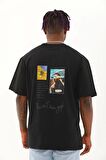 Unisex Oversize Baskılı Bisiklet Yaka T-Shirt - Siyah