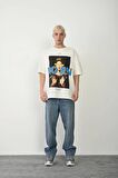 Unisex Baskılı Bisiklet Yaka Oversize T-Shirt - Beyaz