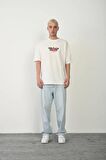 Unisex Baskılı Bisiklet Yaka Oversize T-Shirt - Beyaz