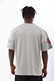 Unisex Oversize Baskılı Bisiklet Yaka T-Shirt - Gri