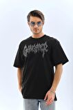 Unisex Oversize Taşlı Bisiklet Yaka T-Shirt - Siyah