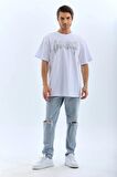 Unisex Oversize Taşlı Bisiklet Yaka T-Shirt - Beyaz