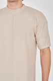Unisex Waffle Kumaş Rahat Kol T-Shirt - Bej