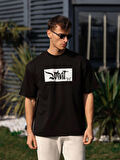 Unisex Bisiklet Yaka Baskılı Oversize T-Shirt - Siyah