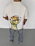Unisex Bisiklet Yaka Baskılı Oversize T-Shirt - Beyaz
