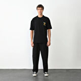 Unisex Bisiklet Yaka Baskılı Oversize T-Shirt - Siyah