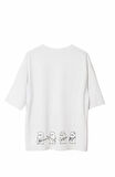 Unisex Bisiklet Yaka Baskılı Oversize T-Shirt - Beyaz