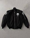 Siyah Askeri Tarz Bomber Mont - Unisex, Punisher Skull Detaylı