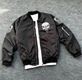 Siyah Askeri Tarz Bomber Mont - Unisex, Punisher Skull Detaylı