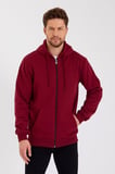Erkek 3 İplik Pamuklu Tam Fermuarlı Kapüşonlu Kanguru Cepli Düz Hoodie Sweatshirt - Bordo