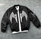 Unisex Siyah Bomber Mont - Venom Beyaz Örümcek Logolu,- Siyah