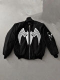Unisex Siyah Bomber Mont - Venom Beyaz Örümcek Logolu,- Siyah