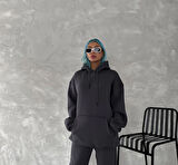 Kapüşonlu Üç İplik Penye Basic SweatShirt - Füme