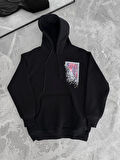 Uzun Kol Kapüşonlu Ön Ve Arka Baskılı SweatShirt - Siyah