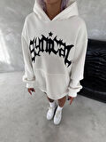 Unisex Üç İplik Kapüşonlu Baskılı SweatShirt - Beyaz