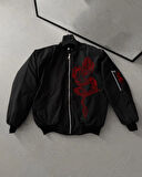 Erkek Unisex Siyah Bomber Mont - Kırmızı