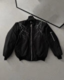Unisex Siyah Bomber Mont - Beyaz Şimşek Desenli