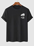 20/1 Penye Compack Palmiye Baskılı Oversize Bisiklet Yaka Kısa Kol T-shirt - Siyah