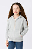 Kız Çocuk Kapüşonlu Kanguru Çepli Tam Fermuarlı Hırka SweatShirt - Gri