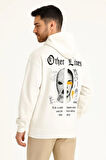 Erkek Kapşonlu Sweatshirt - Oversize 'Other Lives' Ön & Arka Baskılı- Beyaz
