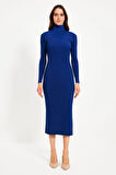 Kadın Boğazlı Triko Elbise -  - Saks Mavisi