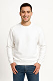 Erkek Üç İplik Düz Bisiklet Yaka SweatShirt - Beyaz