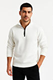 Erkek Dik Yaka Sweatshirt Dik Yaka Yarım Fermuarlı 3 İplik Şardonlu Pamuk Kumaş - Beyaz
