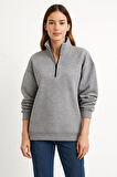 Kadın Üç İplik Dık Yaka Yarım Fermuarlı SweatShirt - Gri