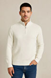 Erkek Yarım Fermuarlı Triko Kazak Beyaz
