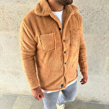 Erkek Pelüş Polar Hırka Gömlek  Açık Kahve