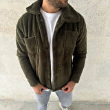 Erkek Pelüş Polar Hırka Gömlek - Haki