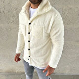 Erkek Pelüş Polar Hırka Gömlek - Beyaz