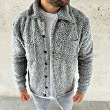 Erkek Pelüş Polar Hırka Gömlek - Gri