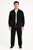 Erkek Kadife Oversize Takım - Gömlek ve Pantolon İkili Set Siyah