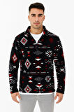Erkek Yarım Fermuarlı Desenli Polar SweaT- Siyah