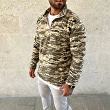 Erkek Yarım Fermuarlı Desenli Polar Sweat - Haki